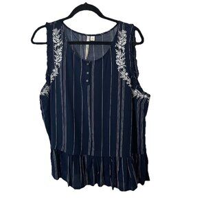 LC Lauren Conrad Blue White Striped Embroidered Sleeveless Ruffle Top Womens XL